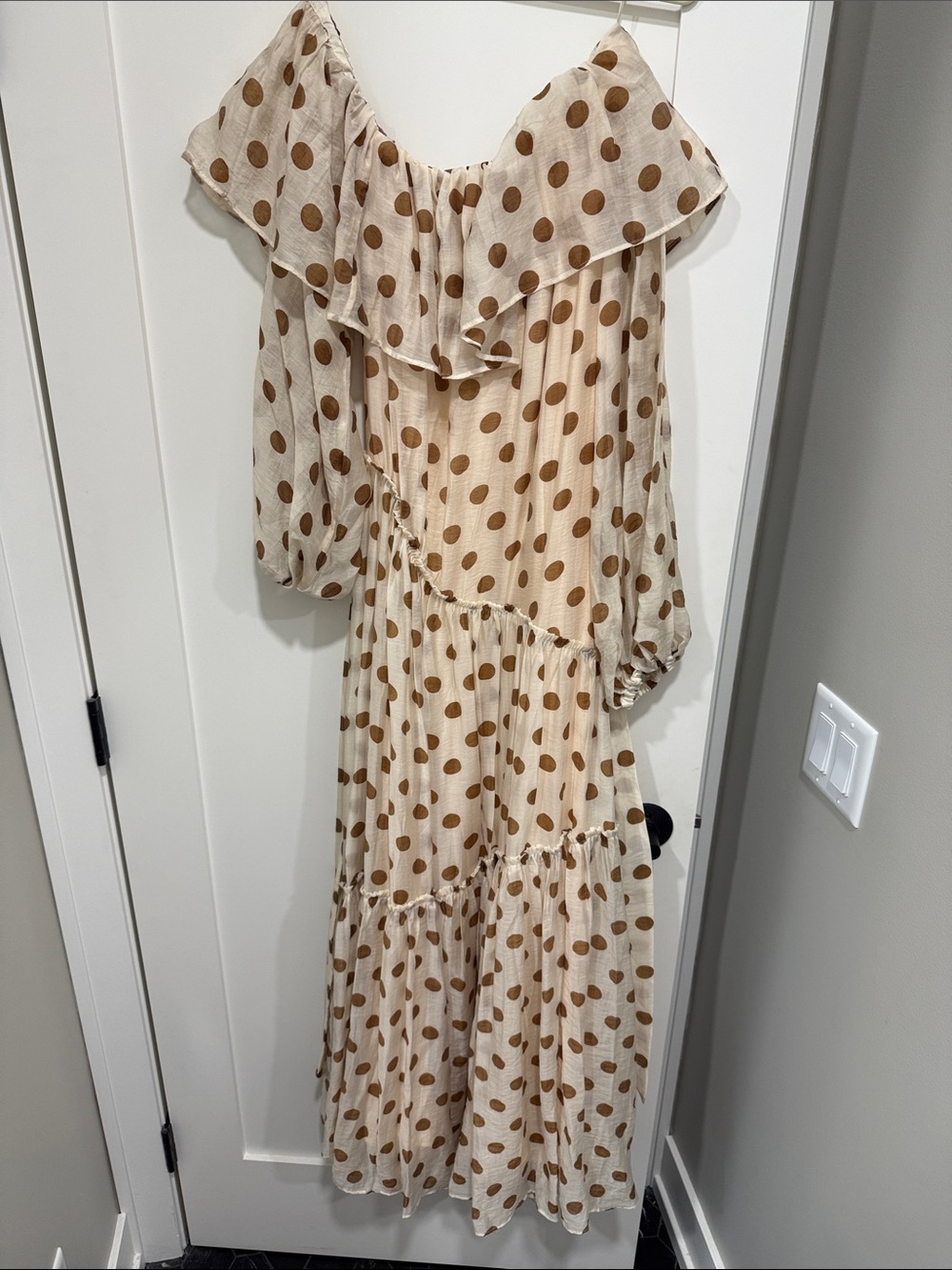 Mango Beige Maxi Dress with belt Brown Polka Dots